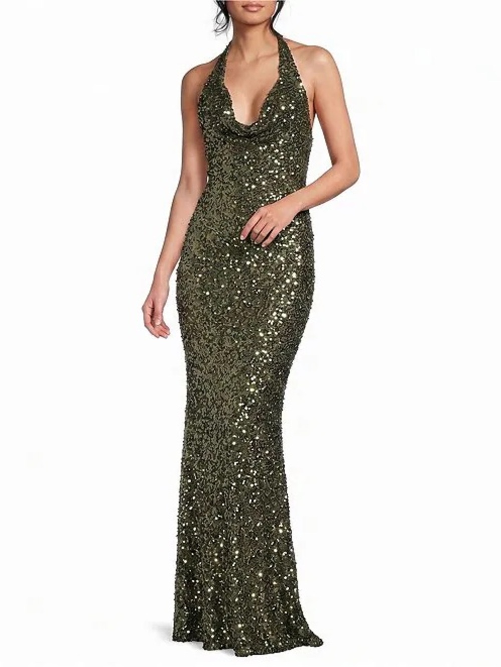 B Darlin Olive Green Sequin Halter Evening Gown - Worn Once - Junior’s 3/4